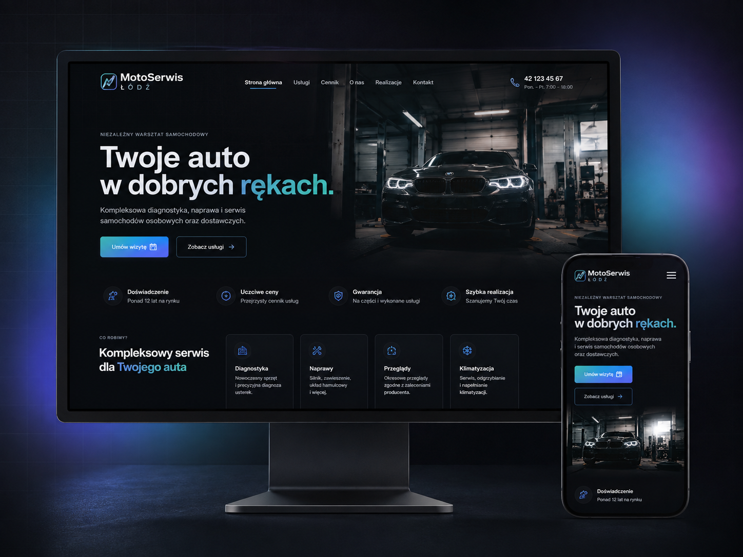 Mockup strony warsztatu samochodowego MotoSerwis Łódź
